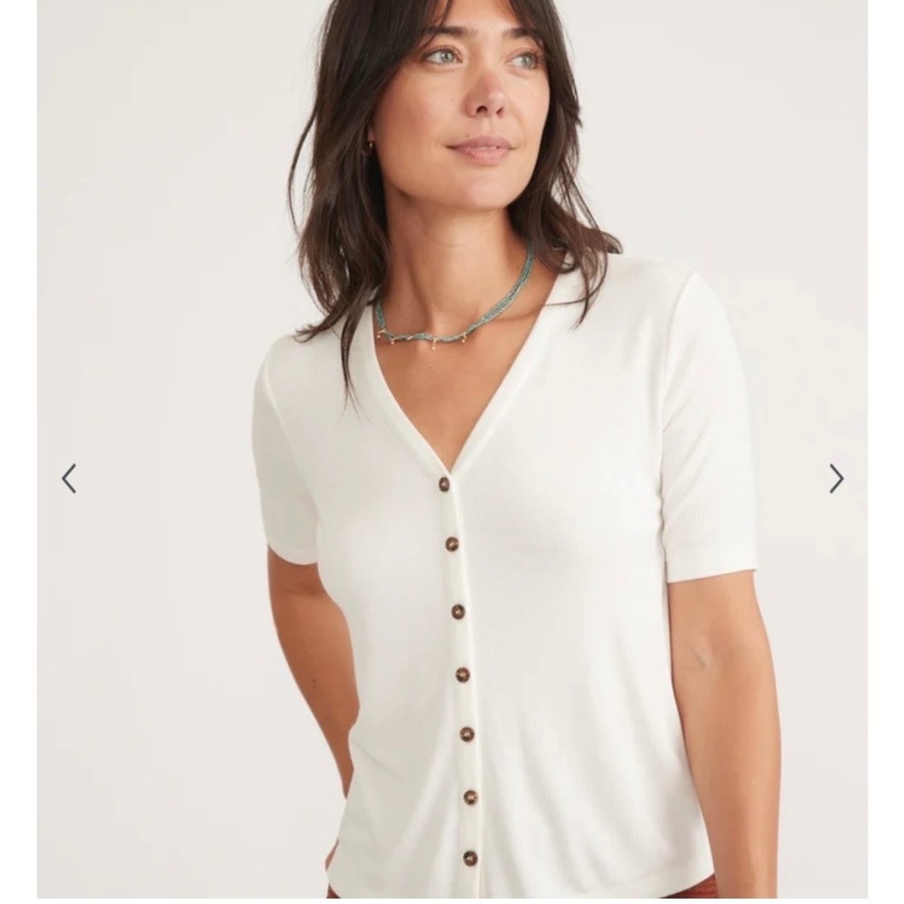 Marine Layer Lexi Ribbed Shirt White V-Neck Button Front Cropped Large